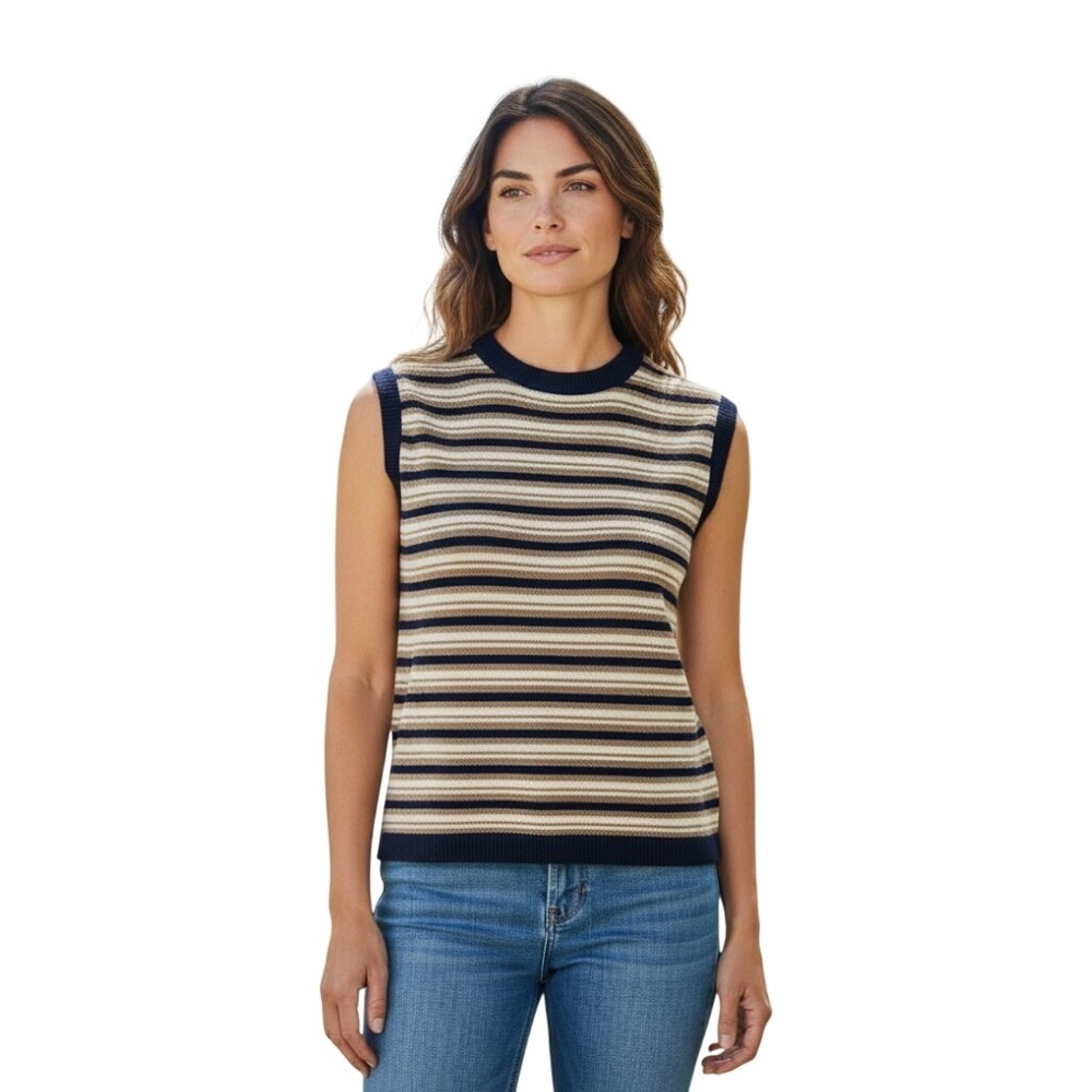 St. John Sport Marie Gray Womens Tank Santana Knit Striped Navy Cream Vtg Med